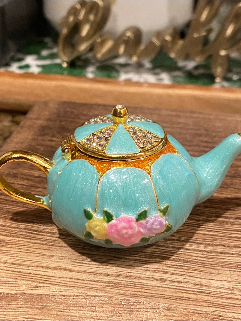 Aqua Teapot Trinket Box with Gold Accents and Floral Detail